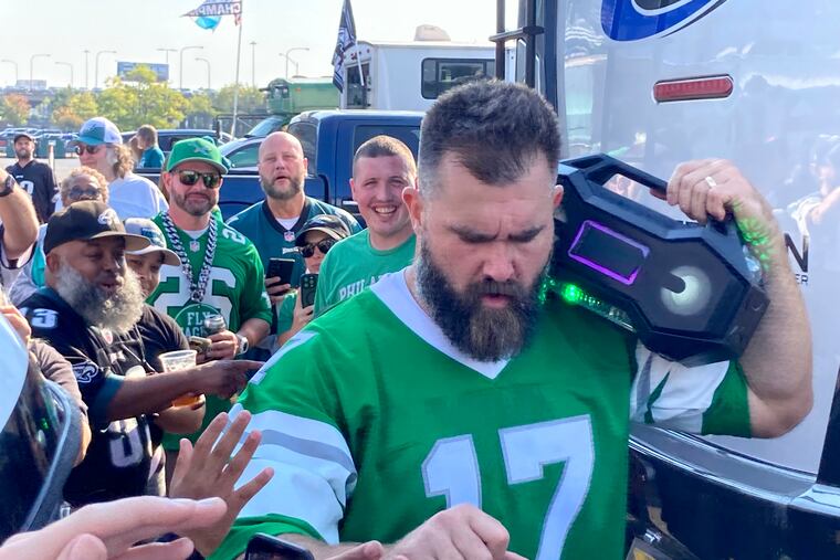 Former Eagles center Jason Kelce greets fans at a tailgate party before the Eagles faced the Cleveland Browns on Sunday.