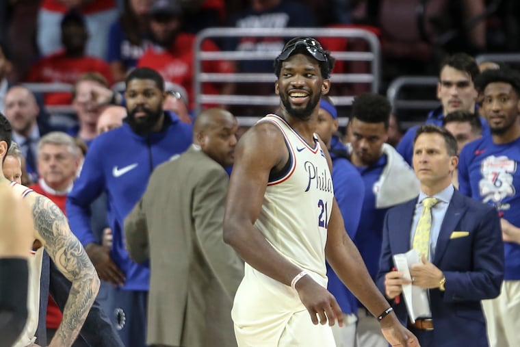Sixers' Joel Embiid looks back at Celtics' Terry Rozier after they both received a technical during the 2nd quarter of Game 4 of the 2018 Eastern Conference Semifinals at the Wells Fargo Center in Philadelphia, Monday, May 7, 2018.