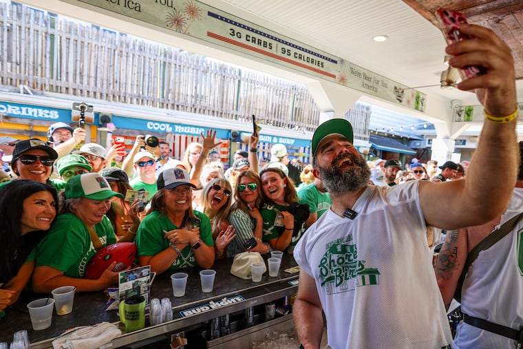 Jason Kelce's takes a selfie with fans at his sixth annual Ocean Drive fundraiser for the Eagles Autism Foundation.