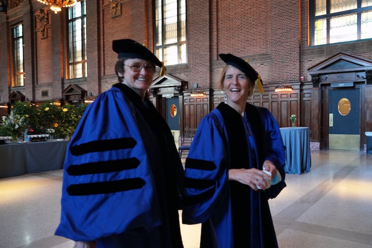 Jean Bennett, right, a professor emeritus of ophthalmology at the University of Pennsylvania, with Nobel Prize winner Katalin Kariko when they received honorary degrees from Yale University in 2022.