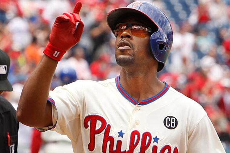 Phillies Jimmy Rollins reacts after his first inning HR. Philadelphia
Phillies vs Cincinnati Reds on Sunday, May 18, 2014 at Citizens Bank
Park. ( RON CORTES / Staff Photographer ).