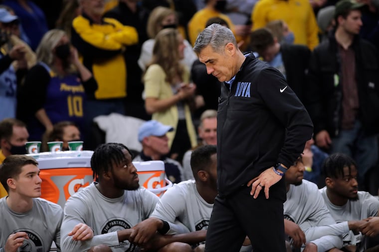 Villanova head coach Jay Wright looking down during the second half of the Marquette game.