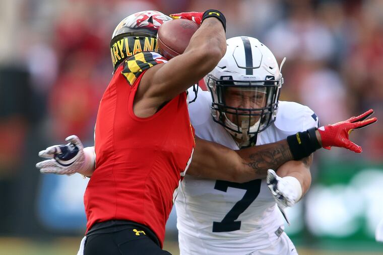 Penn State linebacker Koa Farmer (7) zeroing in on Maryland wide receiver D.J. Moore during a game last season.