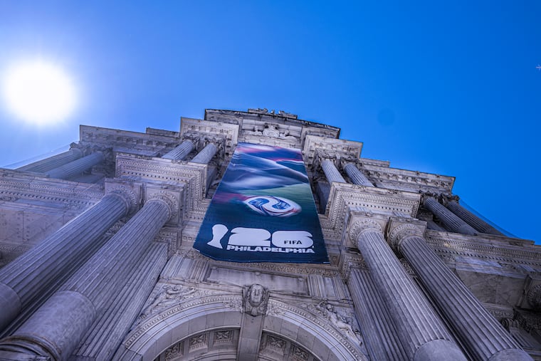 A large FIFA World Cup banner hangs from an entrance of Philadelphia City Hall as the city prepares to host matches during the FIFA World Cup, Wednesday, June 3, 2026, in Philadelphia.