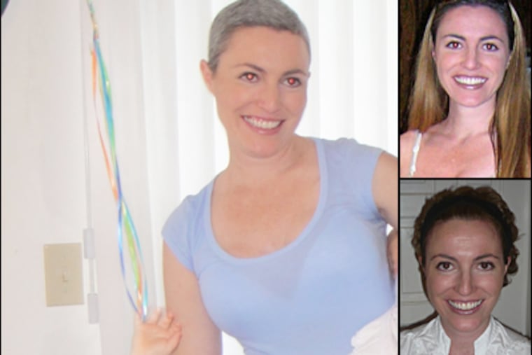 Jessica Territo in transition: Top right, before diagnosis; at left, with short, silver hair after chemo and bottom right is Jessica today.