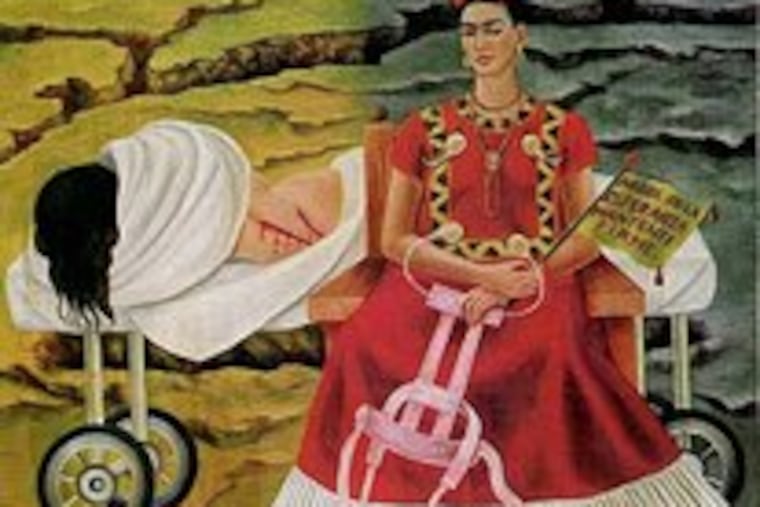 "Tree of Hope" shows a weeping Kahlo sitting by a partially covered Kahlo on a hospital gurney. The sitting Kahlo holds a flag with words she often said: "Tree of Hope, keep firm." The painting is not part of the Philadelphia show.