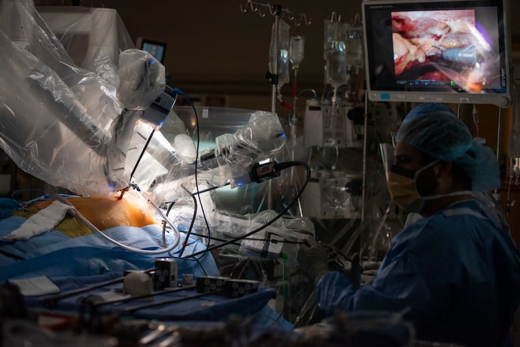 Robotic coronary artery bypass surgery is more common in Lankenau than other hospitals. The photo shows surgical robotic arms in the patient’s chest on Monday, June 26, 2023.