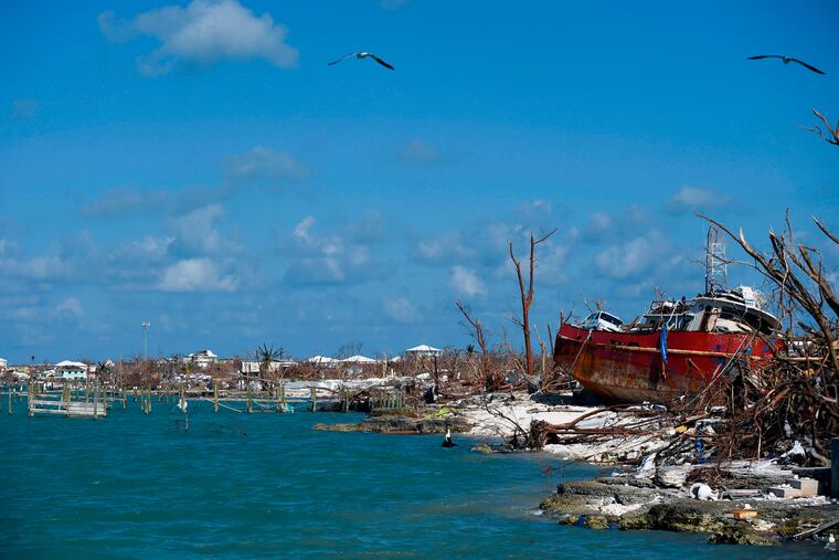 A beached boat in the destroyed sea front near the port is seen in Marsh Harbour, Bahamas on Sept. 10, a week after Hurricane Dorian.
