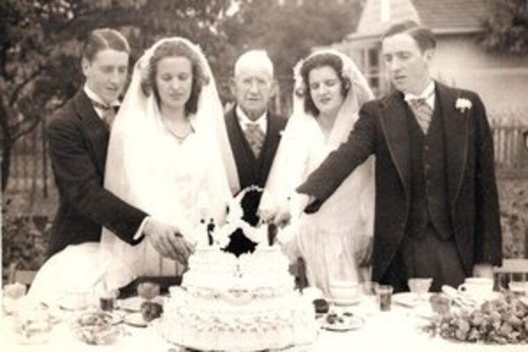 Patrick J. Gallagher Jr. (left) at the double wedding in 1946 with his bride, Margaret, father-in-law, William McKee, sister-in-law, Anne, and twin brother, Francis.