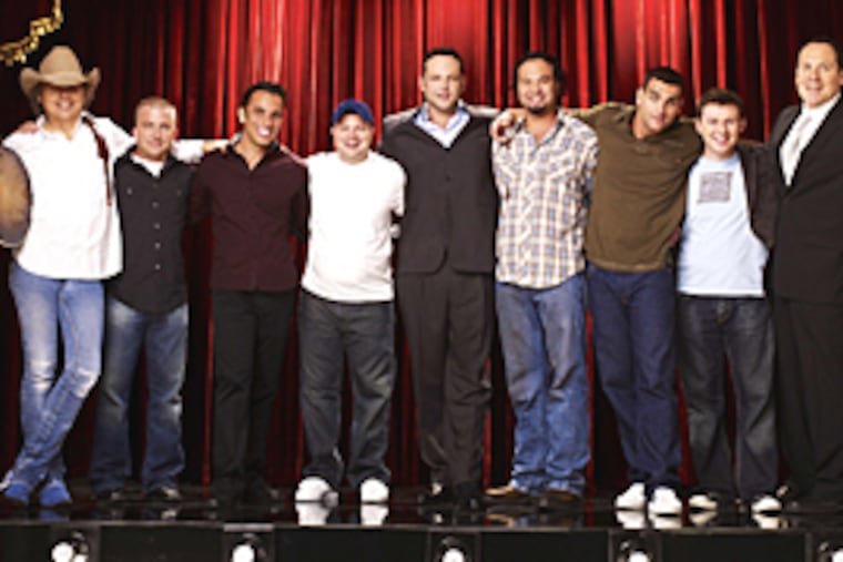 (From left to right) Dwight Yoakum, Peter Billingsley, Sebastian Maniscalco, John Caparulo, Vince Vaughn, Ahmed Ahmed, Bret Ernst, Keir O'Donnell and Jon Favreau in Vince Vaughn’s Wild West Comedy Show. (Picturehouse)