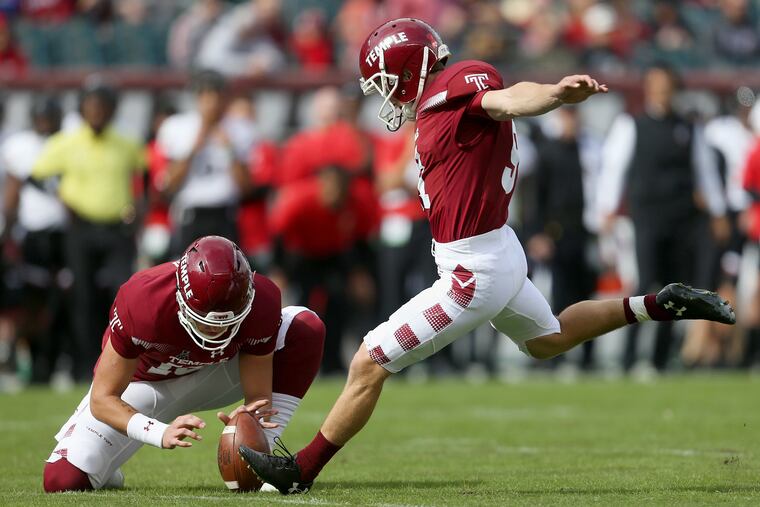 Will Mobley (right) has competition for the Temple placekicking job.