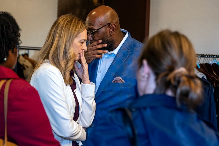 Gov. Mikie Sherrill talks with state Sen. Troy Singleton (D., Burlington) as she arrives to meet with the South Jersey business community for a fireside chat event hosted by the Chamber of Commerce of Southern New Jersey in Mt. Laurel Monday, March 16, 2026.