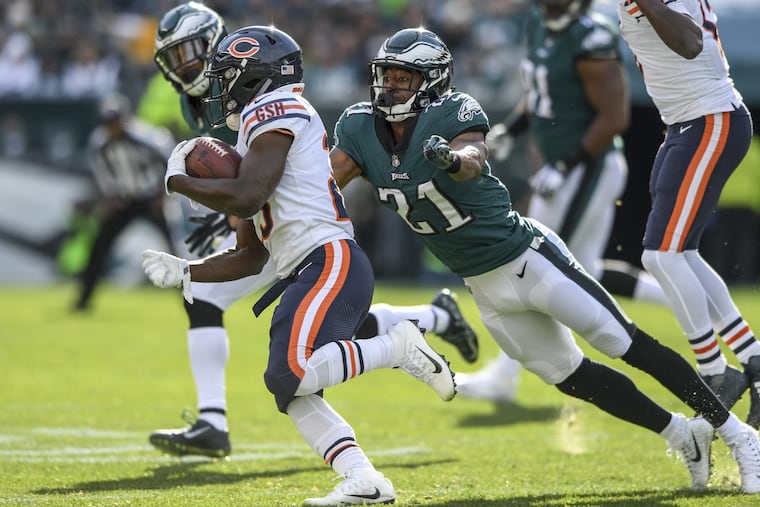 Slot cornerback Patrick Robinson (21), here chasing Bears running back Tarik Cohen, has a key matchup Sunday against Rams receiver Cooper Kupp.
