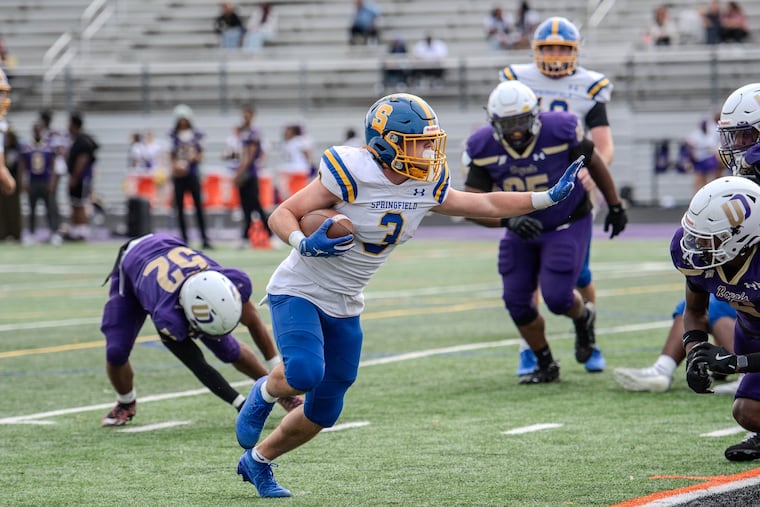 Springfield (Delco) running back Luke Valerio rushes toward the end zone. The senior is committed to Penn State for lacrosse.
