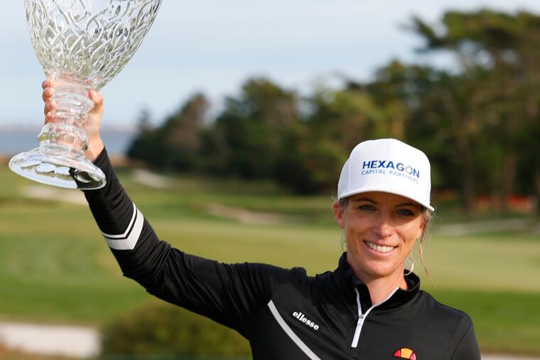 Mel Reid celebrates after winning the Shop Rite LPGA Classic tournament, Sunday, Oct 4, 2020, in Galloway, NJ. (AP Photo/Noah K. Murray)
