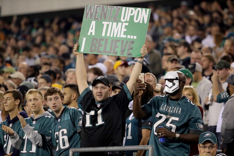 Eagles’ fans cheer as the Philadelphia Eagles play the Washington Redskins in Philadelphia, PA on October 23, 2017. DAVID MAIALETTI / Staff Photographer
