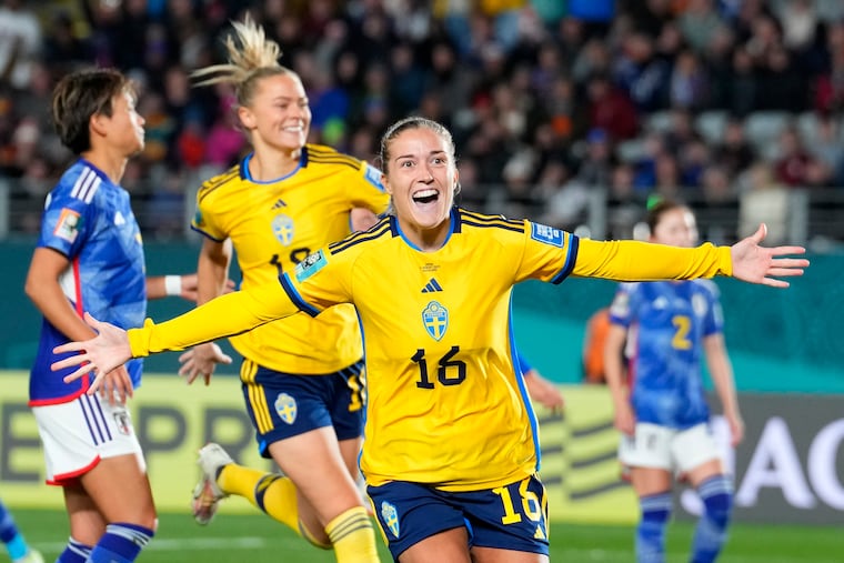 Sweden's Filippa Angeldal celebrates after scoring her side's second goal against Japan in the women's World Cup quarterfinals.