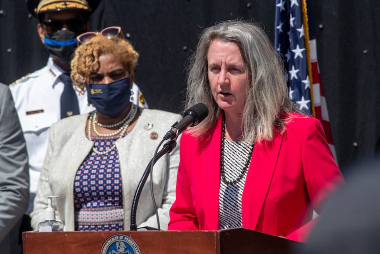 Upper Darby Mayor Barbarann Keffer at the podium with Pennsylvania State Rep. Margo Davidson during a news conference with Pennsylvania Attorney General Josh Shapiro. (not shown)