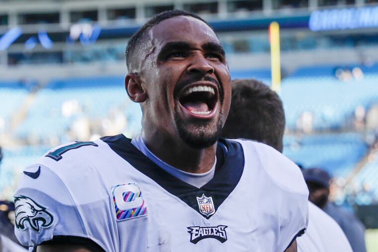 Eagles quarterback Jalen Hurts yells after the Eagles beat the Carolina Panthers 21-18 on Sunday, October 10, 2021 in Charlotte.