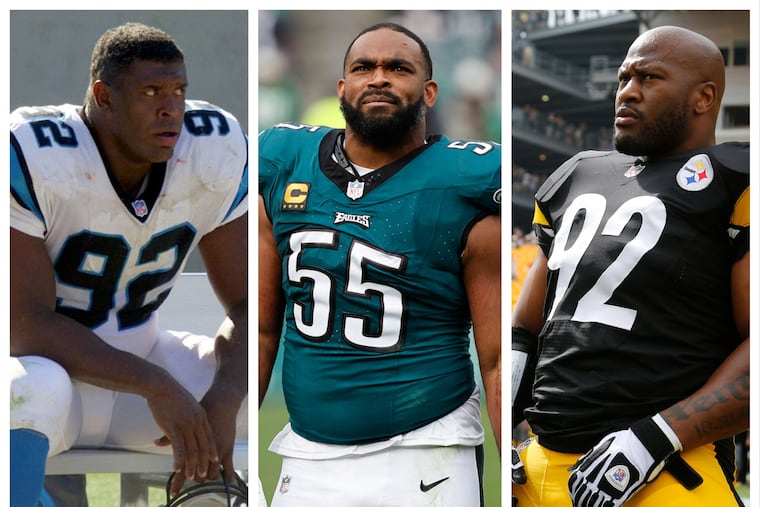 Reggie White (left) with the Panthers in 2000, Brandon Graham with the Eagles, and James Harrison when he returned to the Steelers in 2014 are examples of players who have unretired.