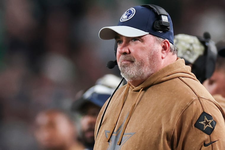 Cowboys coach Mike McCarthy on the sideline during a game against the Eagles at Lincoln Financial Field in November 2023.