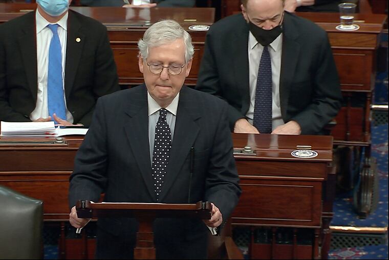 Senate Majority Leader Mitch McConnell of Ky., speaks as the Senate reconvenes after protesters stormed into the U.S. Capitol on Wednesday, Jan. 6, 2021.