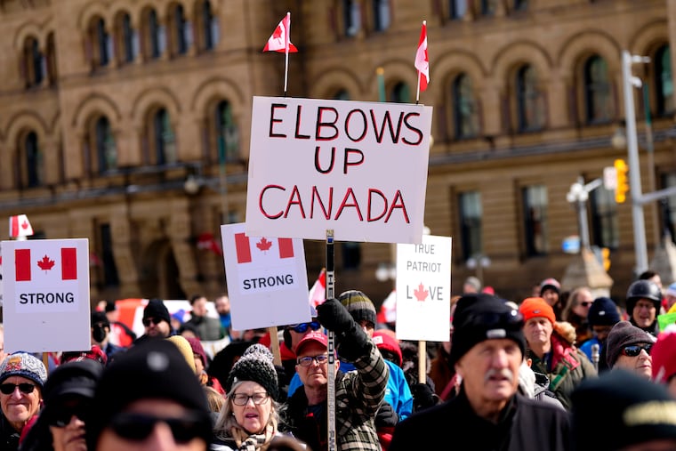 A rally in response to President Donald Trump's threats to Canadian sovereignty, on Parliament Hill in Ottawa, earlier this month.