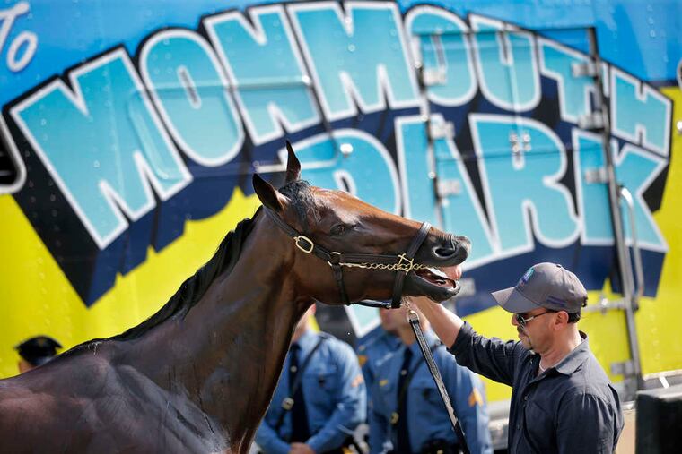 Triple Crown winner American Pharoah arrives at the Atlantic City airport en route to the Haskell Invitational.