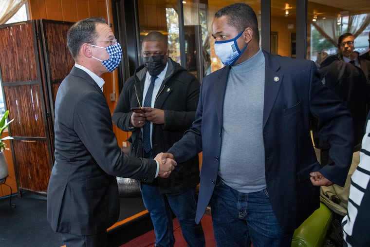 Josh Shapiro, Pennsylvania attorney general, and Sharif Street, Pennsylvania state senator. Politicians meet at Relish, a West Oak Lane restaurant on Ogontz Avenue in Philadelphia on Election Day.