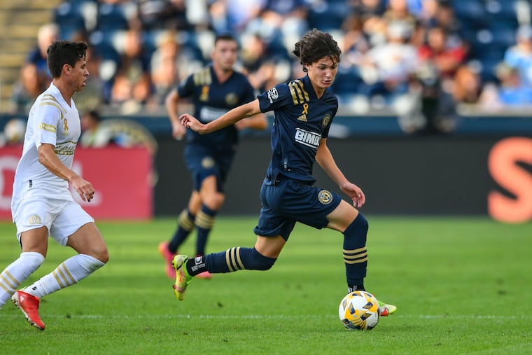 Paxten Aaronson, right, on the ball during the Union's 1-0 win over Atlanta United at Subaru Park.