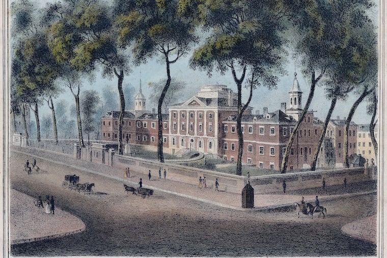Exterior view of Pennsylvania Hospital, located on Pine Street between 8th and 9th Streets, from the southeast. Street scene in foreground includes a carriage; a wagon; several riders on horseback, including a woman riding side saddle; pedestrians; and a watchman's guardhouse.