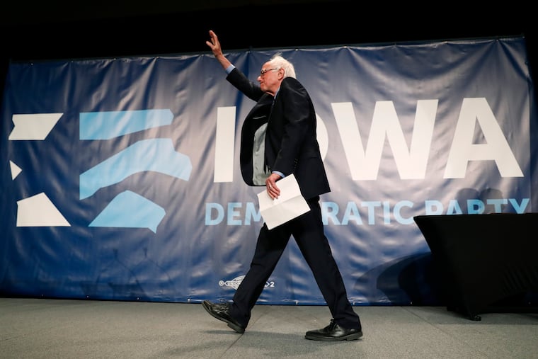 Democratic presidential candidate Bernie Sanders arrives on stage to speak during the Iowa Democratic Party's Hall of Fame Celebration, Sunday, June 9, 2019, in Cedar Rapids, Iowa. (AP Photo/Charlie Neibergall)