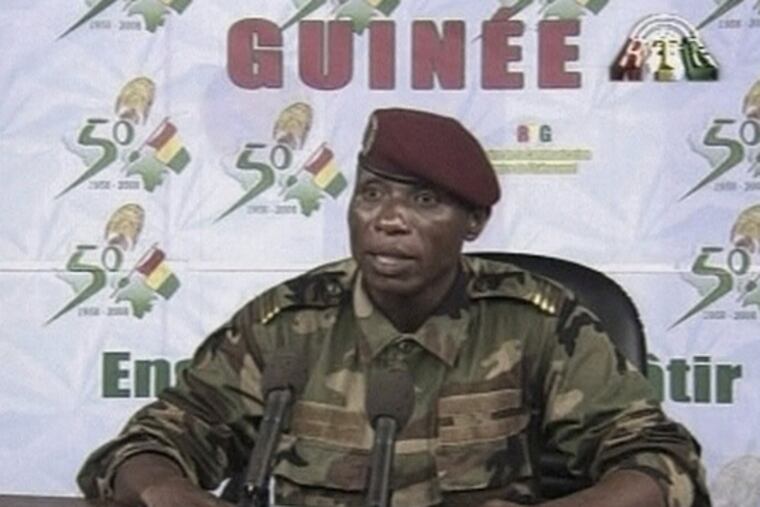 A spokesman for leaders of Guinea's military-led coup readinga statement on national television yesterday.