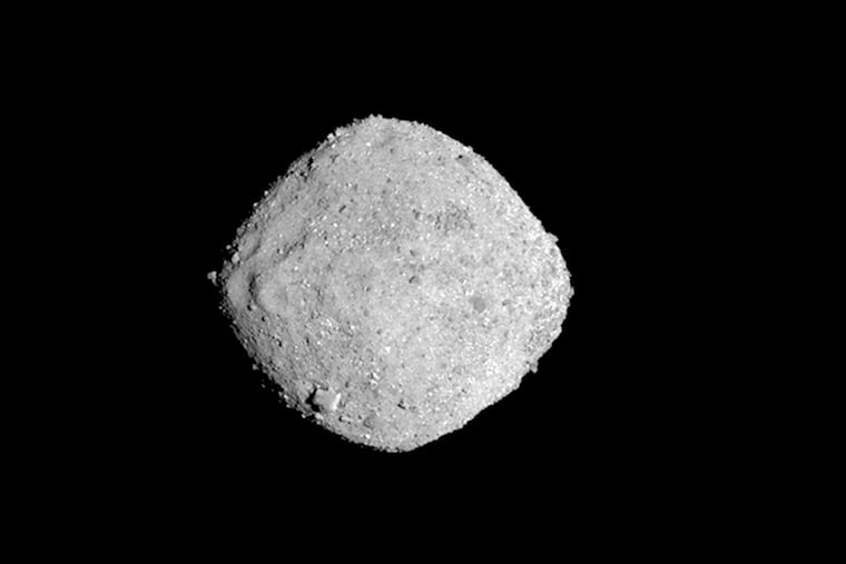 This Nov. 16, 2018, image provide by NASA shows the asteroid Bennu. After a two-year chase, a NASA spacecraft has arrived at the ancient asteroid Bennu, its first visitor in billions of years. The robotic explorer Osiris-Rex pulled within 12 miles (19 kilometers) of the diamond-shaped space rock Monday, Dec. 3. The image, which was taken by the PolyCam camera, shows Bennu at 300 pixels and has been stretched to increase contrast between highlights and shadows. (NASA/Goddard/University of Arizona via AP)