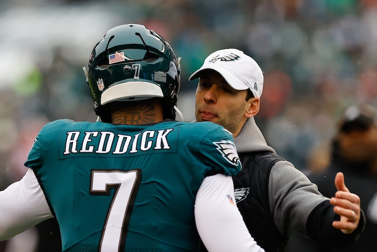 Jonathan Gannon with linebacker Haason Reddick during the NFC championship game against the San Francisco 49ers at Lincoln Financial Field on January 29, 2023 in Philadelphia.