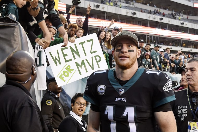 Eagles quarterback Carson Wentz leaves Lincoln Financial Field after the game against the Broncos November 5, 2017 at Lincoln Financial Field.