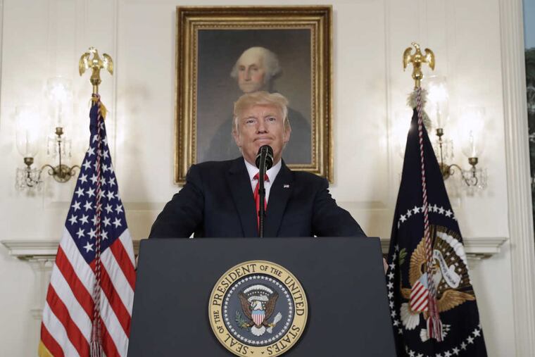 President Trump meets with Attorney General Jeff Sessions and and FBI director Chris Wrey about the deadly white nationalist rally in Charlottesville, Va., on Monday.