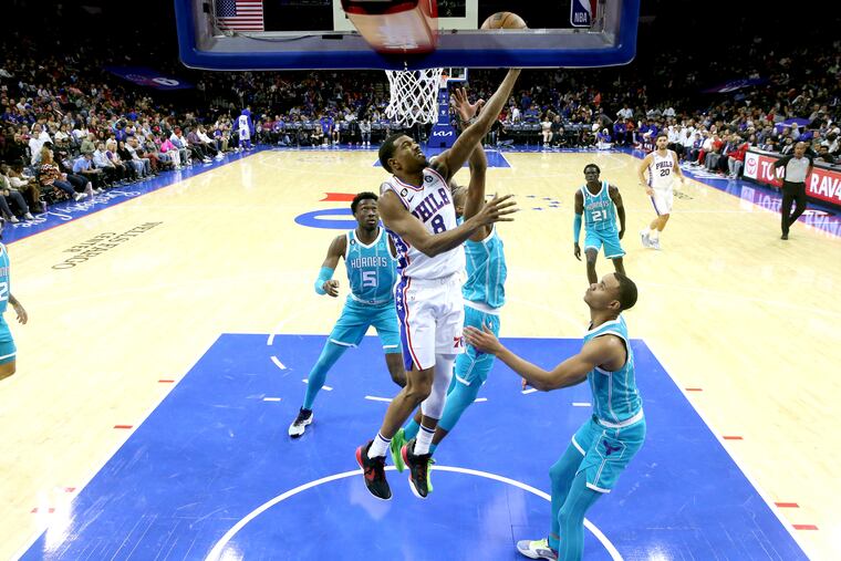 The Sixers' De'Anthony Melton scores against the Hornets during their preseason game at the Wells Fargo Center on Oct. 12.
