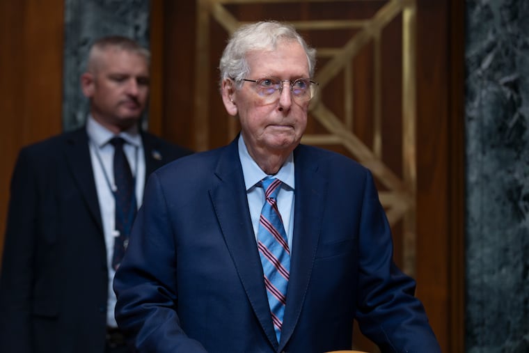 Sen. Mitch McConnell, R-Ky., chair of the Senate Defense Appropriations Subcommittee, arrives for a hearing on President Donald Trump's funding requests for the Army, at the Capitol in Washington, Tuesday, May 19, 2026.