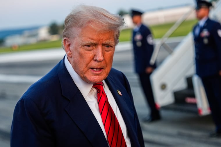 President Donald Trump speaks with reporters before boarding Air Force One at Lehigh Valley International Airport, Sunday, Aug. 3, 2025, in Allentown, Pa.