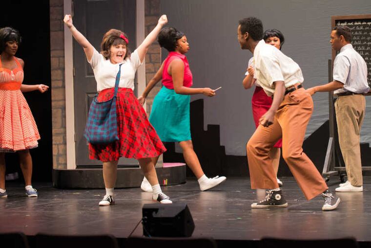 (From left) Laura Hunt, Toni Ann Simeoni, Syndi Session, Donte Wilder, Nina Gabriela Gross, and Samuel Davis Olmeda in "Hairspray" at the Surflight Theatre.