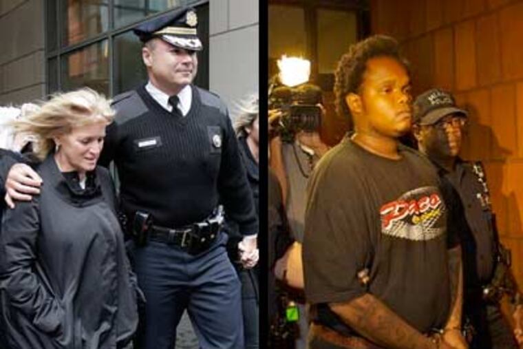 Judy Cassidy, left, the widow of Philadelphia Police Officer Chuck Cassidy, received an apology from his accused killer, John "Jordan" Lewis, right, as his murder trial continued in court today. (David Maialetti /John Costello / Staff Photographers)