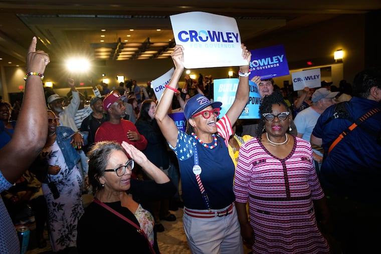 Supporters react to election results coming in during a primary election night watch party for Democratic gubernatorial candidate David Crowley on Tuesday in Milwaukee.