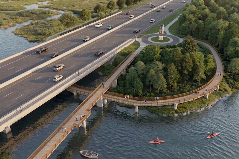 A rendering of a $30 million "boardwalk-style" path Burlington County is planning to build along Route 130 that will go underneath the highway and cross Rancocas Creek.