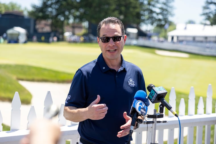 Governor Josh Shapiro speaks to press on the 3rd Round of the 2026 PGA Championship at the Aronimink Golf Club in Philadelphia, Pa., on Saturday., May 16, 2026.