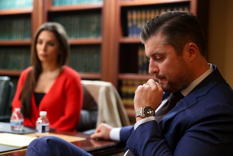 Attorney Kevin O'Brien, right, and Kristin Grandzol speak about a lawsuit they filed against Alternative Rehabilitation Communities, which operated a juvenile residential facility in Harrisburg from which Marvin Roberts escaped two months before he fatally shot Grandzol's husband, Gerry, in 2017 in Spring Garden.