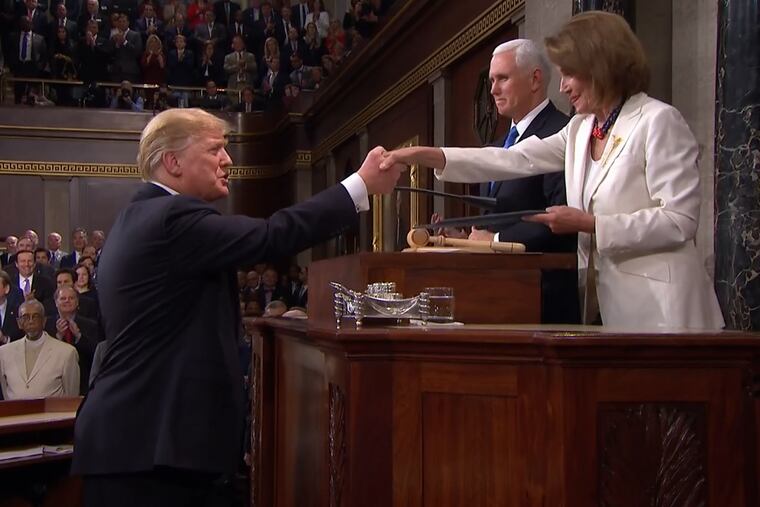 President Donald Trump greets Speaker of the House Nancy Pelosi ahead of his second State of the Union address.