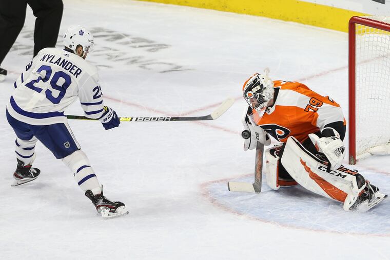 Rookie Carter Hart stopping the Toronto Maple Leafs' William Nylander during a shootout to give the Flyers a 5-4 win last month.