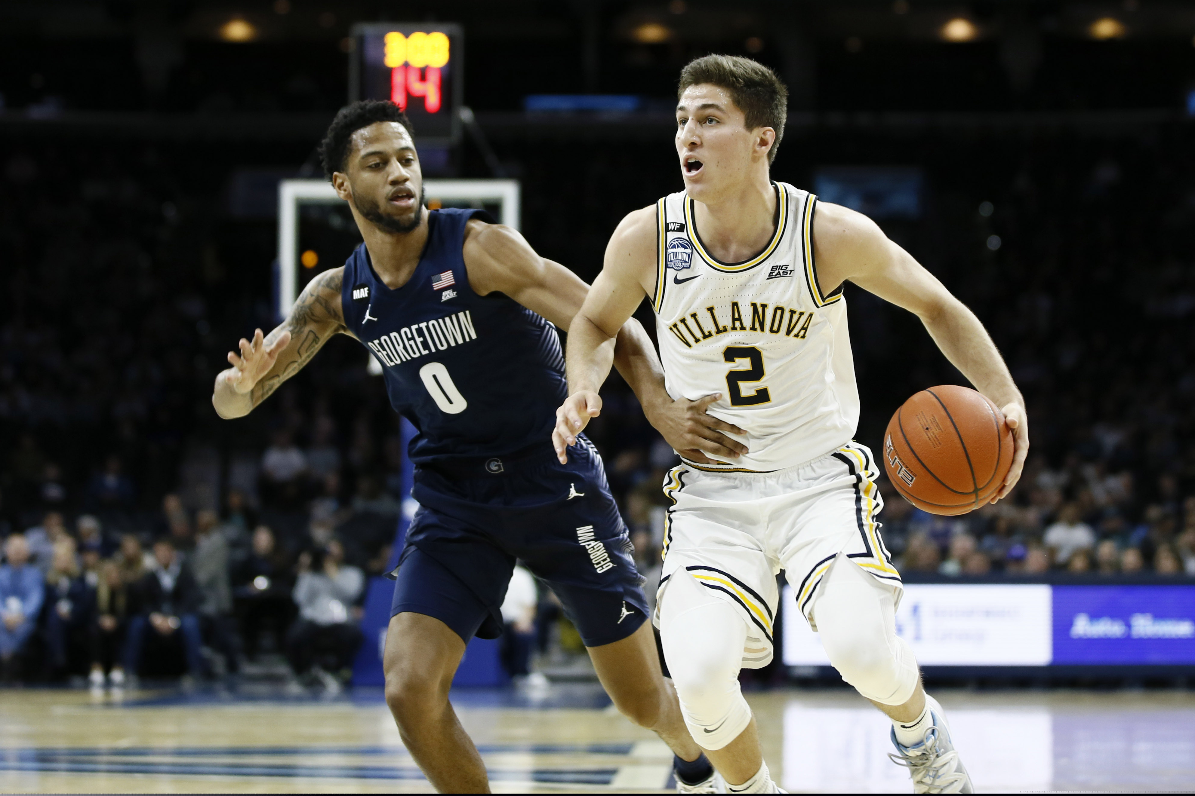 Villanova's Collin Gillespie, right, tries to dribble past Georgetown's Jahvon Blair in January.
