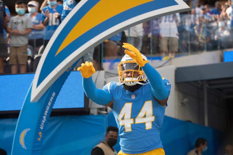 Los Angeles Chargers outside linebacker Kyzir White (44) is being introduced before an NFL football game against the Minnesota Vikings Sunday, Nov. 14, 2021, in Inglewood, Calif.